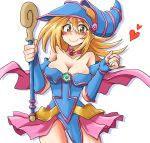  1girl bare_legs blonde_hair breasts cleavage dark_magician_girl duel_monster female green_eyes hat large_breasts long_hair looking_at_viewer simple_background solo suzurino wand wizard_hat yu-gi-oh! yuu-gi-ou_duel_monsters 