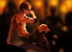  1boy brown_hair fire freckles gradient gradient_background jolly_roger male_focus one_piece portgas_d_ace shorts sitting solo tattoo topless 