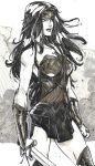  1girl armor circlet dawn_of_justice dc_comics dccu lasso long_hair monochrome pteruges solo strapless sword thigh_boots traditional_media vambraces wonder_woman wonder_woman_(series) 