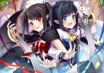  2girls black_boots black_hair black_legwear black_thighhighs blue_eyes boots chiiririn female hair_ornament hairclip happy holding holding_sword holding_weapon long_sleeves multiple_girls open_mouth original pointy_ears red_eyes smile sword thigh-highs tongue twintails v weapon 