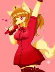  1girl brown_hair dog furry gut_(orange=rythm) long_hair microphone music open_mouth pink_eyes simple_background singing solo 