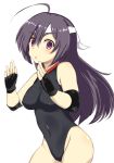  1girl ahoge bare_shoulders black_gloves blush cacaodecocoa female fingerless_gloves gloves headband leotard long_hair looking_at_viewer naeumi_tomono purple_hair ring_dream simple_background solo violet_eyes white_background 