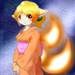  1girl artist_request blonde_hair brown_eyes cat furry gradient gradient_background japanese_clothes short_hair solo 