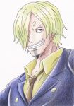  1boy blonde_hair facial_hair goatee hair_over_one_eye male_focus one_piece sanji simple_background smile solo suit 