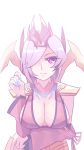  1girl aqua_nails blush breast_hold breasts closed_mouth detached_sleeves elise_(league_of_legends) female hair_ornament league_of_legends long_nails looking_at_viewer nail_polish pink_eyes ribbon short_hair sideboob simple_background smile solo white_hair zhainan_s-jun 