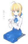  1girl ahoge blonde_hair blue_skirt bowl fate/stay_night fate_(series) green_eyes hair_ribbon itosugi_masahiro long_skirt ribbon saber seiza simple_background sitting skirt smile solo tagme 