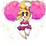  1boy armpits blonde_hair blush cheerleader crossdressinging link looking_at_viewer plump pointy_ears ponytail simple_background solo the_legend_of_zelda the_legend_of_zelda:_tri_force_heroes thick_thighs yellow_kirby 