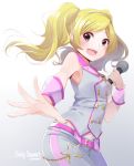  1girl artist_name belt blonde_hair blush chains character_name chiiririn emily_stewart female gradient gradient_background idolmaster idolmaster_million_live! looking_at_viewer microphone midriff navel open_mouth pink_eyes sleeveless solo star_(symbol) twintails 