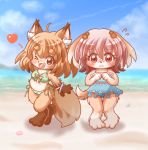  2girls artist_request blush brown_eyes brown_hair dog embarrassed furry long_hair multiple_girls one_eye_closed open_mouth pink_eyes pink_hair short_hair sky summer swimsuit 