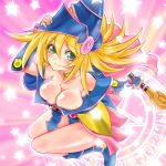  1girl bare_legs blonde_hair boots breasts cleavage dark_magician_girl duel_monster female full_body gradient gradient_background green_eyes hat large_breasts legs long_hair looking_at_viewer magic magic_circle no_bra puspus shiny shiny_skin smile solo striped_background wand wizard_hat yu-gi-oh! yuu-gi-ou_duel_monsters 