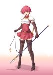  1girl armor belt boots brown_gloves character_request elbow_gloves female fire_emblem gloves gradient gradient_background headband holding holding_weapon kirishima_satoshi open_mouth pink_eyes pink_hair shadow short_hair short_sleeves solo spear sword weapon white_background zettai_ryouiki 