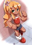  1girl artist_request blonde_hair blush earrings ganguro green_eyes jewelry looking_at_viewer necklace ponytail robot_girl rockman roll solo 