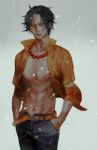  1boy abs freckles gradient gradient_background hands_in_pockets jewelry male_focus muscle necklace one_piece open_clothes open_shirt portgas_d_ace shirt snow solo 