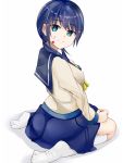 1girl ass blood blood_on_face blue_eyes blue_hair blush breasts corpse_party from_behind long_hair looking_at_viewer looking_back low_twintails school_uniform shinozaki_ayumi shirowa sideboob simple_background skirt smile socks solo twintails wariza 