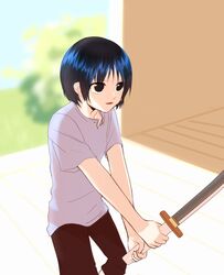  1girl capris child katana kuina one_piece shirt short_hair solo sword t-shirt wado_ichimonji weapon 