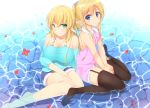  2girls bare_shoulders barefoot between_legs black_legwear black_thighhighs blonde_hair blue_eyes blush breasts cleavage closed_mouth female flower frills gradient gradient_background green_eyes hair_ornament hand_between_legs large_breasts long_hair looking_at_viewer multiple_girls nakadadaichi original pointy_ears ponytail shorts sitting sleeveless small_breasts smile thigh-highs wading water zettai_ryouiki 