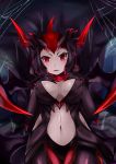  1girl black_gloves breasts elbow_gloves elise_(league_of_legends) fang female gloves gradient gradient_background league_of_legends looking_at_viewer midriff navel open_mouth pink_eyes solo spider_web zhainan_s-jun 