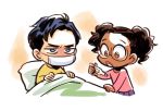  1boy 1girl bed billy_batson black_hair blue_eyes brown_eyes chibi dark_skin darla_dudley dc_comics face_mask fever glare glasses gradient gradient_background mask open_mouth pink_shirt purple-framed_glasses sen_(pixiv111638) shazam shirt surgical_mask thermometer twintails 