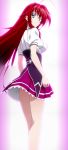  1girl ahoge back blue_eyes breasts female gradient gradient_background high_school_dxd highres large_breasts legs long_hair looking_back miniskirt redhead rias_gremory school_uniform skirt smile solo standing stitched 