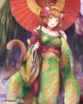  1girl animal_ears bare_shoulders brown_hair cat_ears cat_tail collarbone female flower frilled_sleeves frills green_eyes hair_flower hair_ornament hair_stick hinariaoba japanese_clothes kimono obi open_mouth original sash short_hair smile solo tail traditional_clothes umbrella yukata 