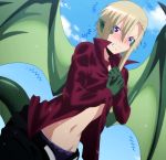  1girl blush brown_hair draco_(monster_musume) gradient gradient_background highres monster_girl monster_musume_no_iru_nichijou panties sky solo standing stitched tail underwear water wet wings 