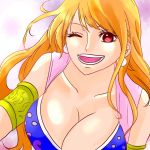  1girl alabasta armlet breasts cleavage earrings gradient gradient_background jewelry long_hair nami_(one_piece) one_eye_closed one_piece orange_hair red_eyes smile solo wink 