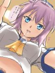  1girl aoba_(kantai_collection) aqua_eyes artist_request from_below kantai_collection looking_at_viewer looking_down open_mouth ponytail pov purple_hair saliva school_uniform serafuku short_hair source_request translated 