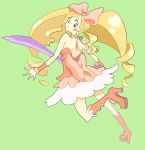  1girl blonde_hair blue_eyes boots dress drill_hair harime_nui high_heel_boots high_heels kill_la_kill long_hair pink_dress simple_background solo strapless_dress twin_drills weapon 