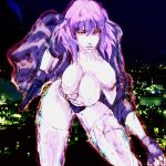  1girl breasts city cyborg female ghost_in_the_shell ghost_in_the_shell_stand_alone_complex handgun jacket kusanagi_motoko large_breasts looking_at_viewer night no_bra pistol purple_hair short_hair sky solo weapon 
