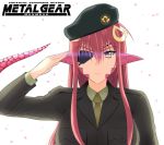  1girl big_boss crossover eyepatch hair_ornament lamia long_hair metal_gear_(series) miia_(monster_musume) monster_girl monster_musume_no_iru_nichijou parody simple_background solo yellow_eyes 