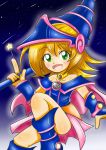  1girl bare_legs blonde_hair boots breasts dark_magician_girl female gradient gradient_background green_eyes hat jewelry large_breasts long_hair looking_at_viewer necklace smile solo staff wizard_hat yu-gi-oh! 