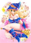  1girl ass bare_legs blonde_hair blush boots breasts dark_magician_girl esunoji female flower green_eyes hat jewelry large_breasts legs long_hair looking_at_viewer necklace simple_background smile solo staff underwear wizard_hat yu-gi-oh! 