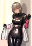  1girl blonde_hairmedium_hair blush bodysuit eyebrows_visible_through_hair highres jacket kilye_4421 latex_bodysuit looking_at_viewer original skin_tight smile solo thigh_gap 