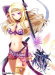  1girl bare_shoulders black_panties blonde_hair breasts closed_mouth collar elbow_gloves expressionless female gloves hinariaoba holding holding_weapon jewelry long_hair looking_at_viewer midriff navel original panties pointy_ears purple_gloves simple_background solo tiara underwear violet_eyes weapon 