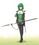  1girl armor belt black_gloves boots closed_mouth elbow_gloves female fire_emblem gloves gradient gradient_background green_eyes green_hair holding holding_weapon kirishima_satoshi long_hair looking_at_viewer paola shadow smile solo spear sword weapon white_background zettai_ryouiki 