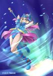  1girl artist_name blonde_hair boots breasts dark_magician_girl duel_monster female full_body gradient gradient_background green_eyes hat hertro legs long_hair magic solo wand wink wizard_hat yu-gi-oh! yuu-gi-ou_duel_monsters 