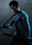  1boy batman_(series) black_hair bodysuit dc_comics dick_grayson domino_mask escrima_stick gradient gradient_background mask nightwing solo wyv1 