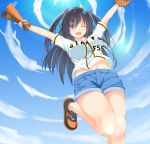  1girl black_hair blue_eyes blush boots female hair_ornament long_hair looking_at_viewer midriff nakadadaichi navel open_mouth original shirt short_sleeves shorts sky solo sunbeam t-shirt wink 