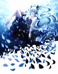  1girl barefoot blue_hair bubble closed_eyes crying dress feet hatsune_miku highres long_hair muye ribbon shinkai_shoujo_(vocaloid) sleeveless solo tears tied_hair twintails underwater vocaloid water 