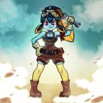  1girl bernd_workshop blue_skin blush breasts cosplay gradient gradient_background minette_(skullgirls) sekaiju_no_meikyuu sekaiju_no_meikyuu_4 skullgirls solo tagme 