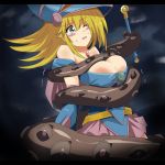  1girl appei_(555) bare_shoulders bdsm blonde_hair blush bondage bound breasts cleavage dark_magician_girl duel_monster female forced gradient gradient_background green_eyes hat large_breasts long_hair open_mouth pain sweat tears tentacle wizard_hat yu-gi-oh! yuu-gi-ou_duel_monsters 