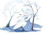  1girl artist_request cat english_text fish furry long_hair outdoors red_eyes simple_background sitting white_hair 