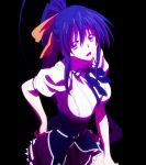  1girl black_hair breasts female high_school_dxd highres himejima_akeno large_breasts long_hair looking_at_viewer open_mouth ponytail school_uniform simple_background smile solo standing stitched violet_eyes 