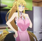 1girl apron blue_eyes breasts centaur centorea_shianus female highres large_breasts monster_girl monster_musume_no_iru_nichijou smile solo standing stitched 