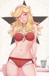  1girl bare_shoulders blonde_hair blush breasts cleavage gradient gradient_background hairband honey_(space_dandy) jonathan_hamilton long_hair navel red_eyes smile solo space_dandy standing swimsuit tagme 
