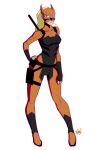  1girl armor artemis_crock blonde_hair bodysuit boots brown_eyes dc_comics fingerless_gloves full_body gloves hand_on_hip lipstick long_hair looking_at_viewer makeup mask pose signature simple_background solo standing thigh_strap weapon white_background young_justice:_invasion 