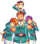  4boys amuro_ray black_hair boots brown_hair gundam hayato_kobayashi kai_shiden military military_uniform mobile_suit_gundam multiple_boys piggyback purple_hair ryu_jose salute simple_background uniform v 