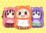  3girls :d :i animal_hood artist_request blush blush_stickers brown_eyes casual chibi doma_umaru ebina_nana female hamster_costume himouto!_umaru-chan hood light_brown_hair looking_at_another motoba_kirie multiple_girls no_shoes open_mouth pleated_skirt polka_dot polka_dot_background red_eyes shorts skirt smile twintails violet_eyes wavy_mouth yellow_background 