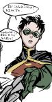  1boy batman_(series) black_hair cape dc_comics domino_mask gloves green_gloves male_focus mask robin_(dc) simple_background solo speech_bubble tim_drake 