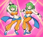  2girls dance dancing gradient gradient_background green_hair hikage_(senran_kagura) multiple_girls orange_eyes senran_kagura senran_kagura_(series) striped_background tagme tattoo 